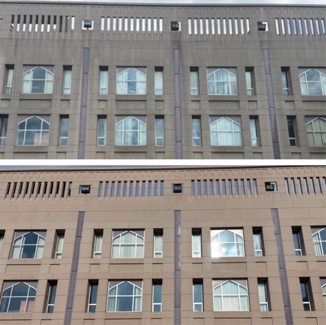 commercial pressure washing of precast panels, grimy gray facade brightened back to tan, Maryland