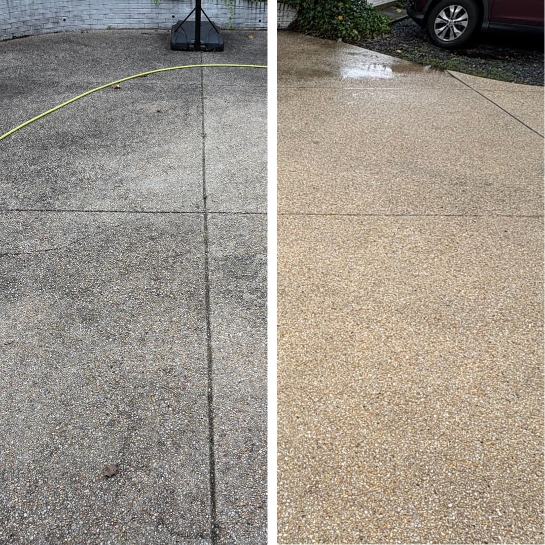 power washing an aggregate concrete driveway, gray grime washed back to bright exposed stone, Maryland