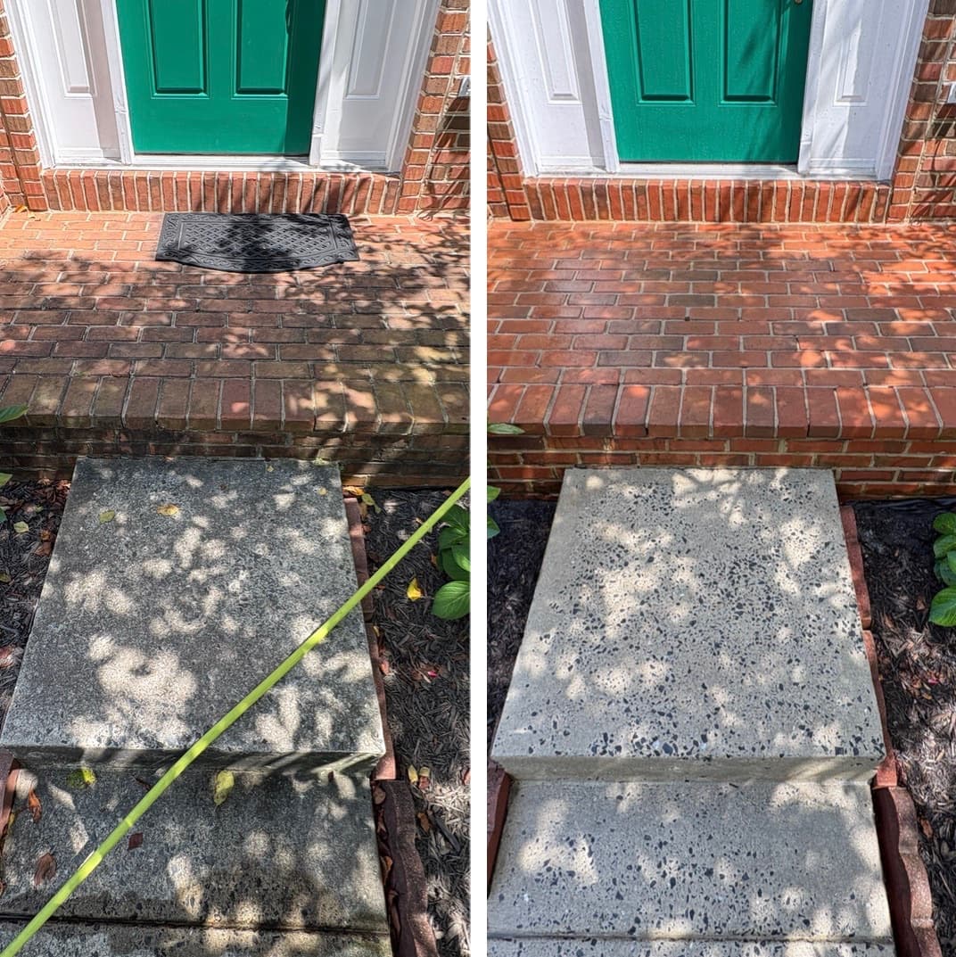 pressure washing a brick stoop and concrete steps at the front door, algae and grime lifted, Maryland