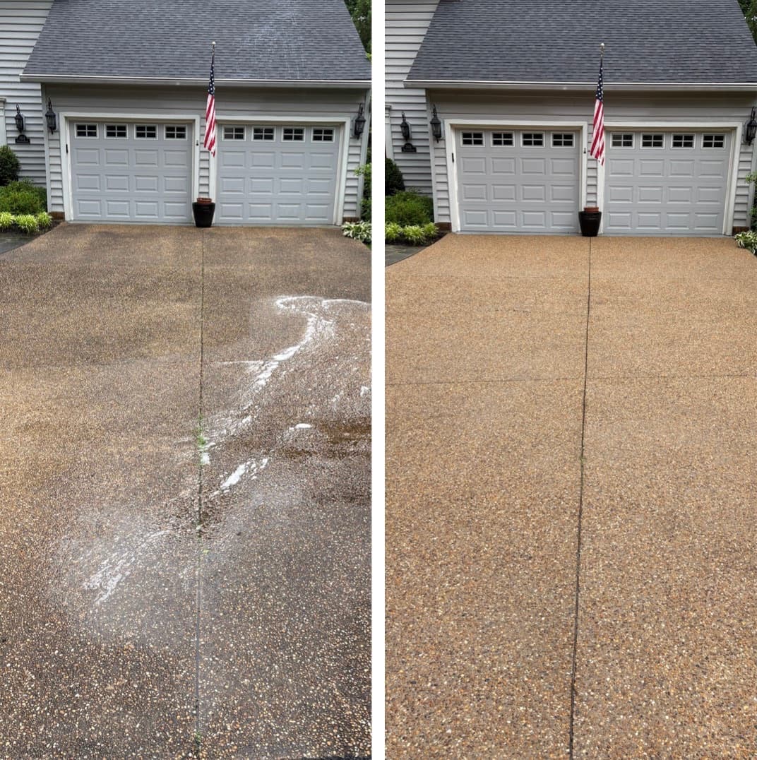 exposed aggregate driveway cleaning at a two-car garage, pebble finish restored, Montgomery County MD