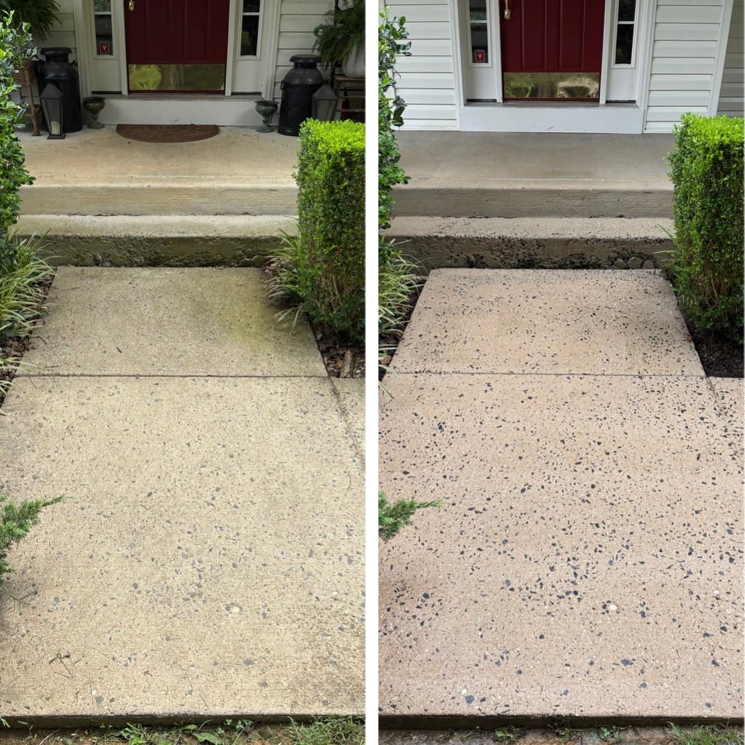 exposed aggregate walkway cleaning at a front entry, algae film washed off the stone, Maryland