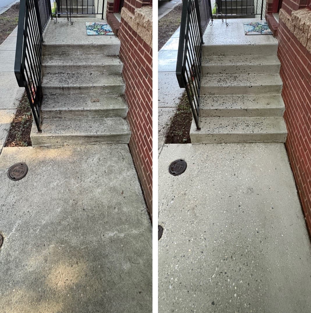 concrete steps and walkway cleaning between a brick wall and an iron railing, Maryland