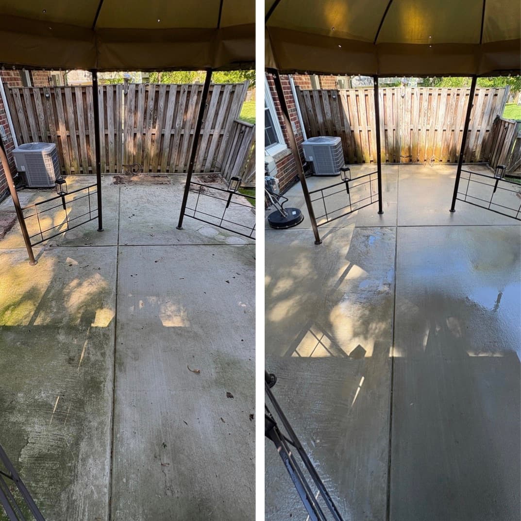 concrete patio cleaning under a gazebo with a surface cleaner, dirt washed off the slab, Maryland