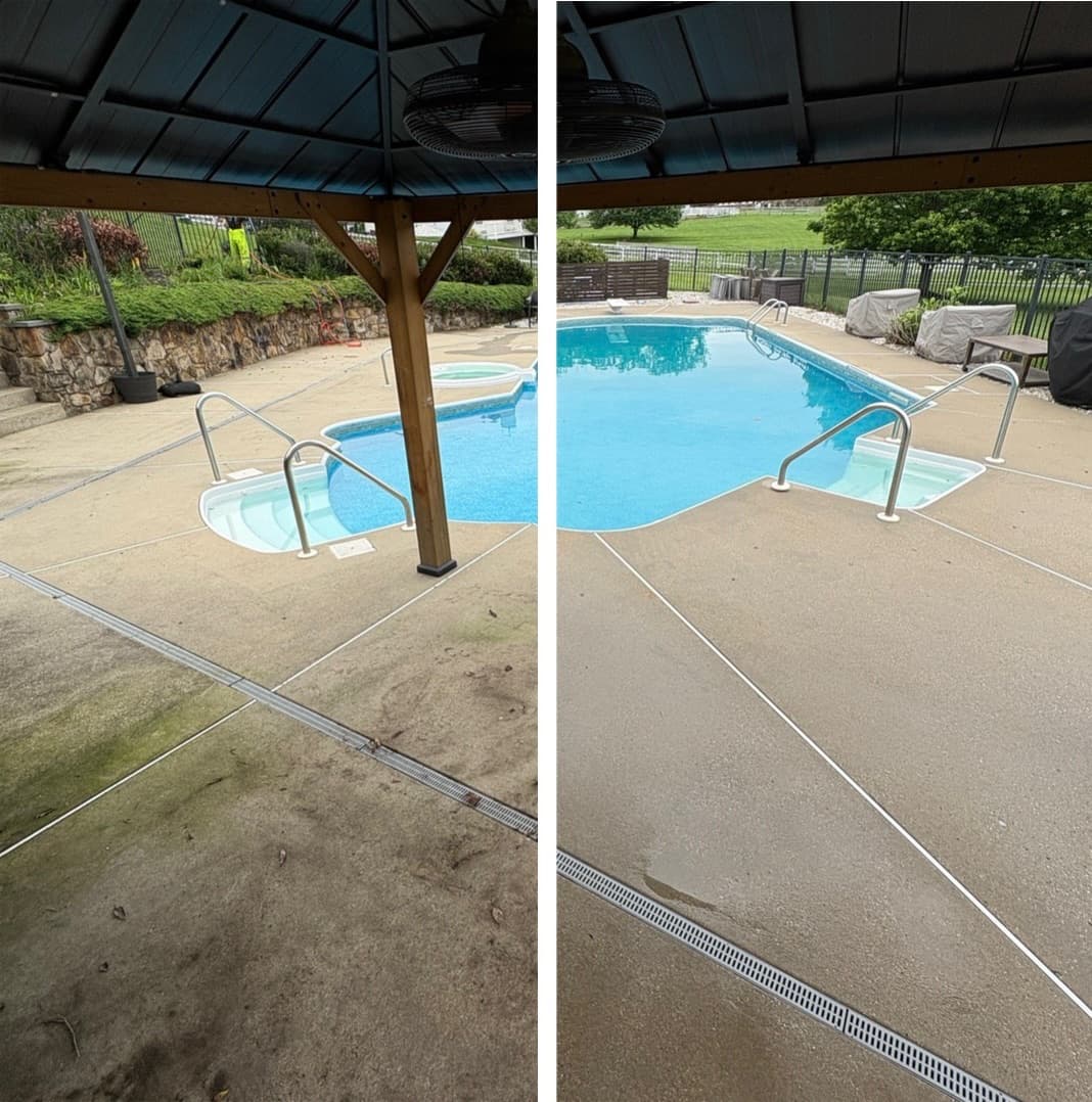 pool deck cleaning under a pavilion, heavy mildew removed from the concrete around the water, Maryland
