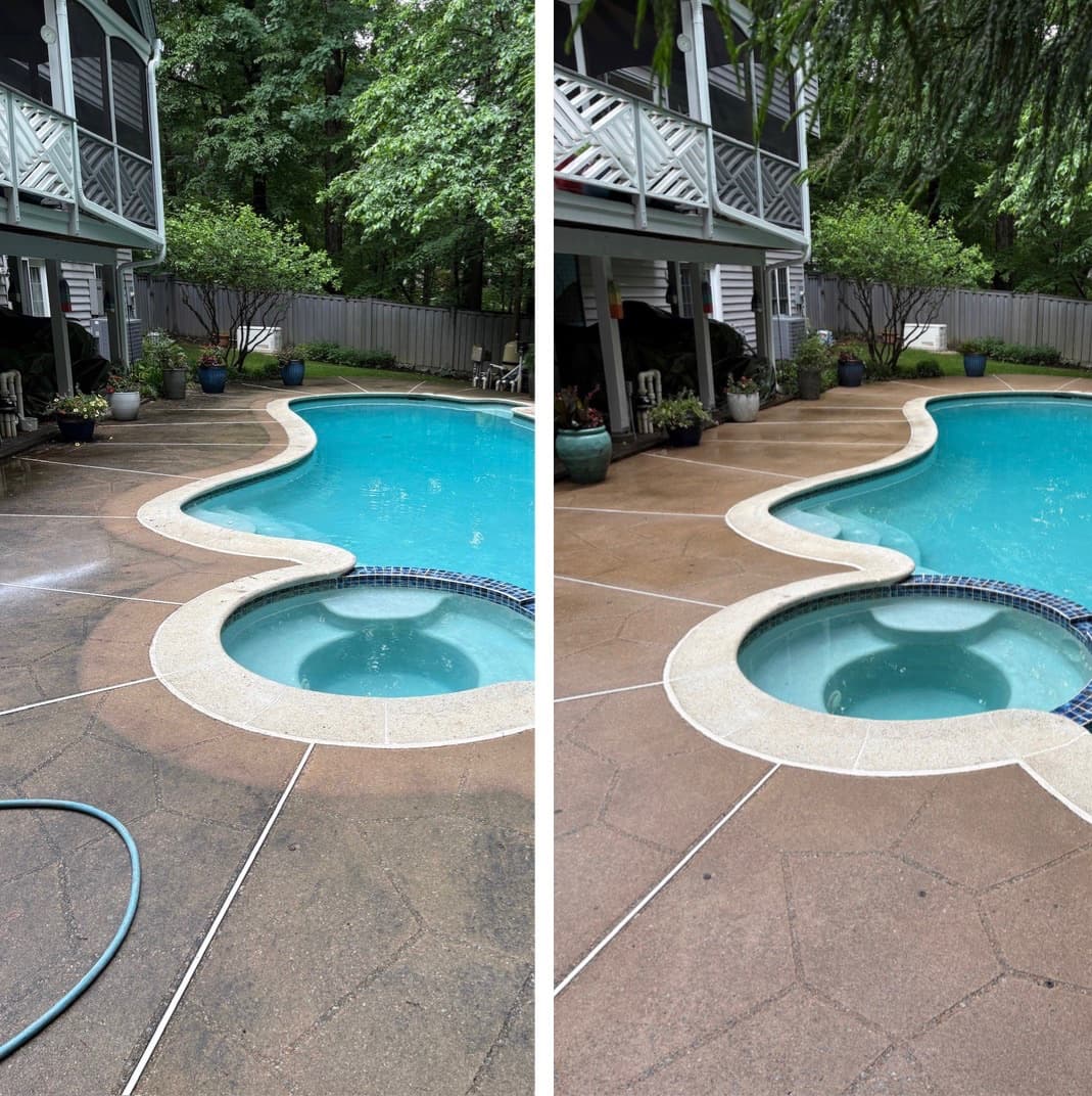 pool deck and spa coping cleaning on stamped concrete, dirt lifted out of the texture, Maryland