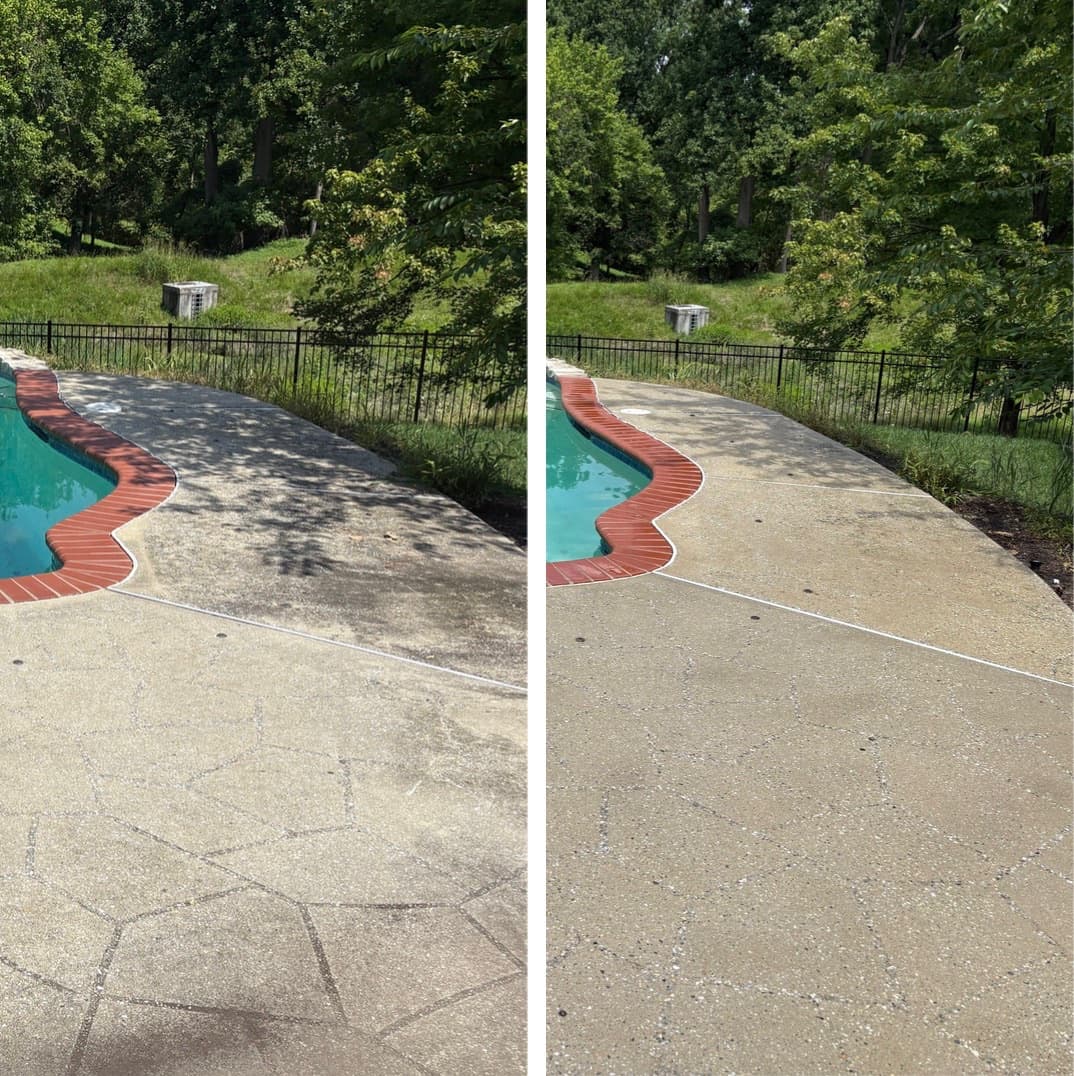 shaded pool deck cleaning beside brick coping, algae darkening washed off the aggregate concrete, Maryland