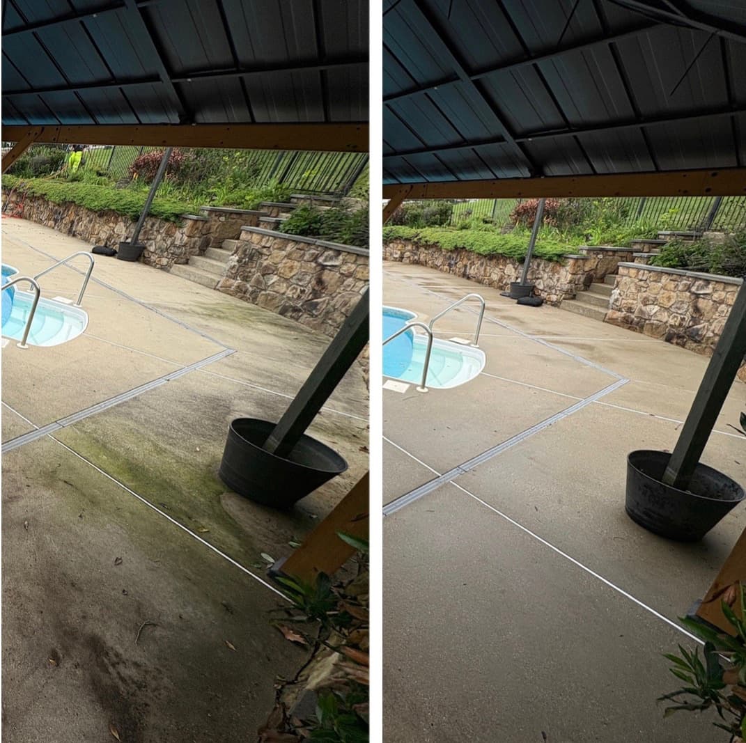algae removal from the concrete deck around a backyard spa under a pavilion, Maryland