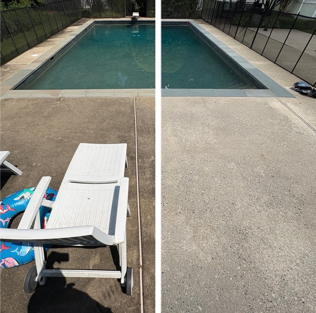 concrete pool deck cleaning inside a mesh safety fence, broom-finish surface brightened, Maryland