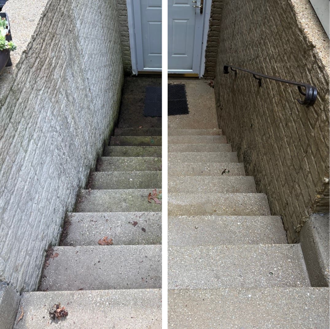 basement stairwell cleaning, concrete steps and textured retaining walls washed free of algae, Maryland