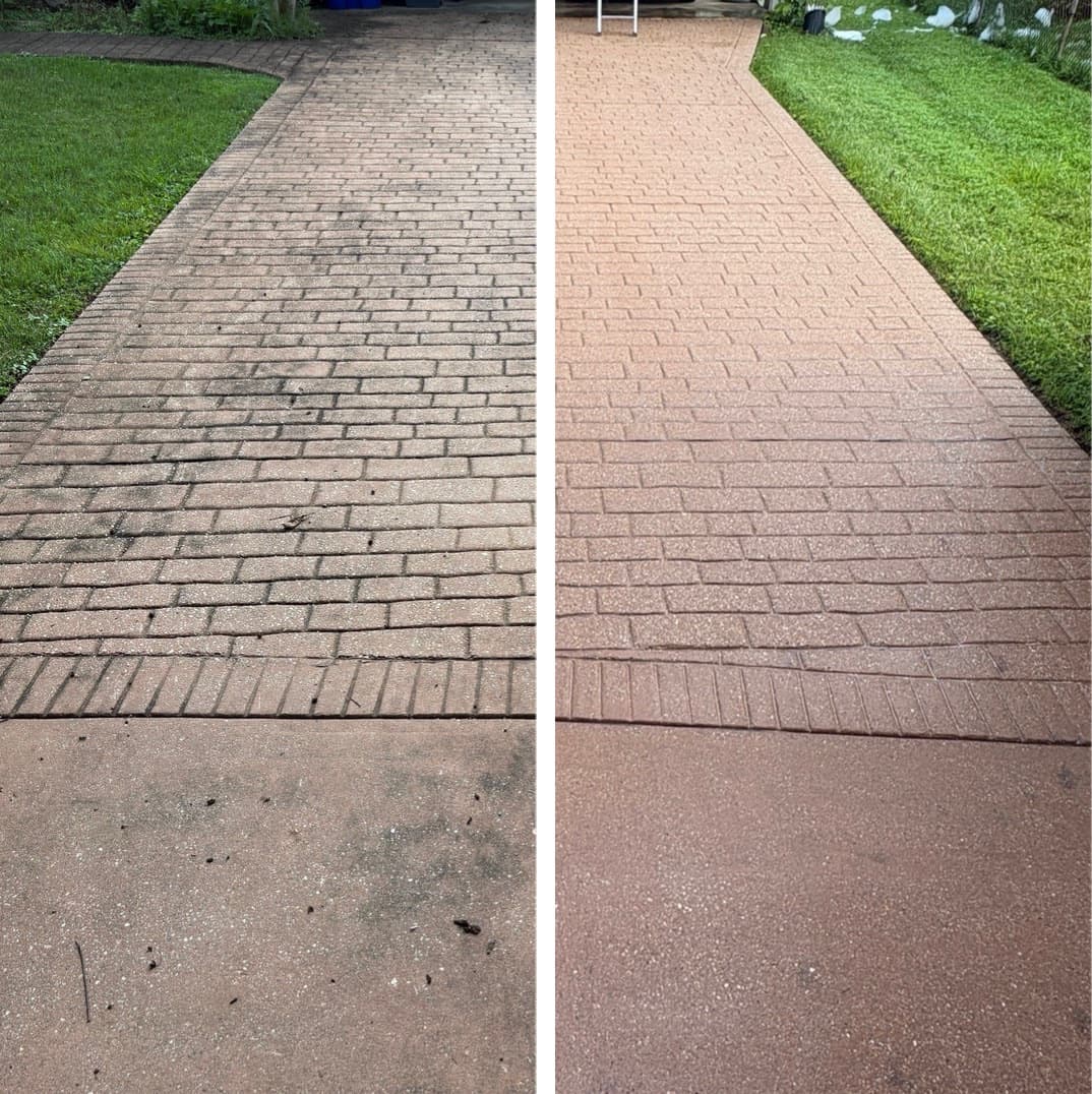 stamped concrete walkway cleaning, the brick-pattern surface restored to its original color, Maryland