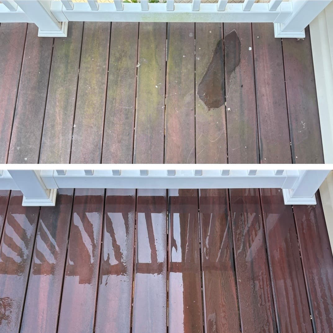 composite deck cleaning close up, green algae and mildew stripped off the boards, Maryland