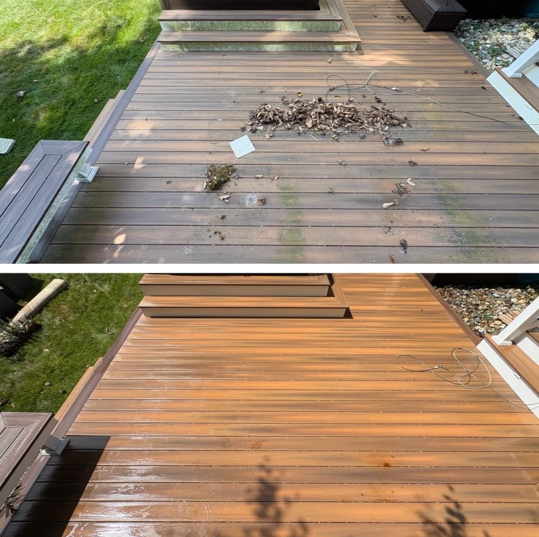 composite deck cleaning, weathered gray boards washed back to warm tan, Maryland