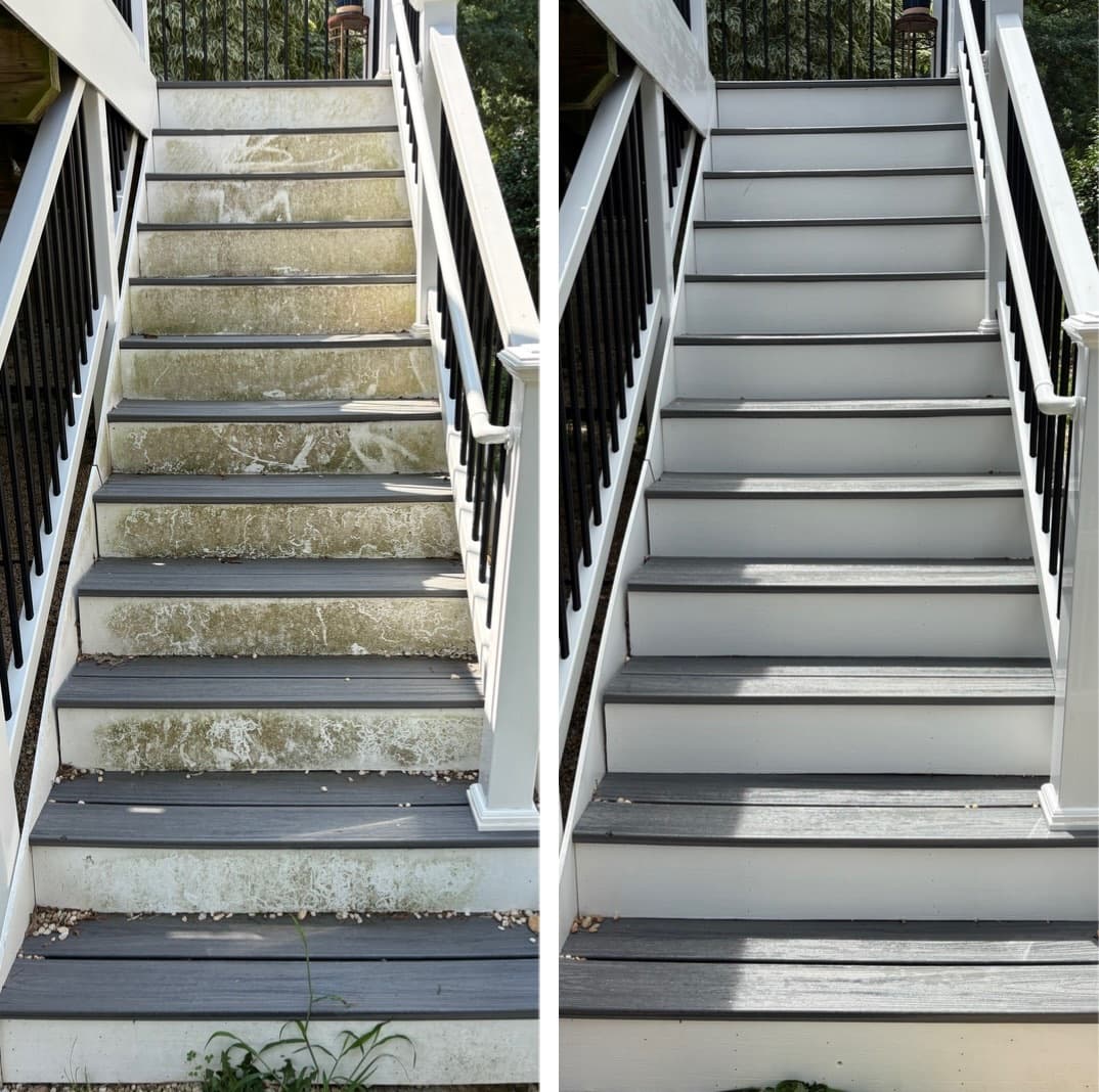 composite deck stair cleaning, heavy green algae removed from the white risers and gray treads, Maryland