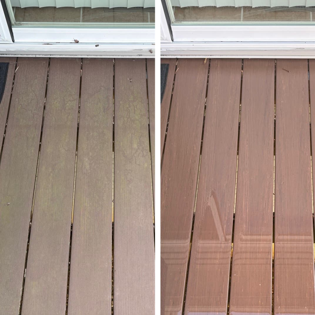 composite deck cleaning at a sliding door, green mildew film washed off the boards, Maryland