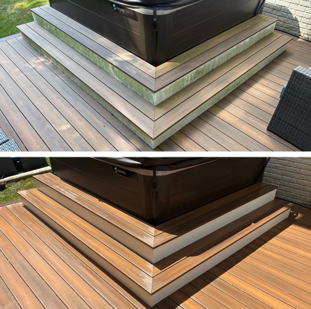 hot tub deck and step cleaning, green algae removed from the composite treads and risers, Maryland