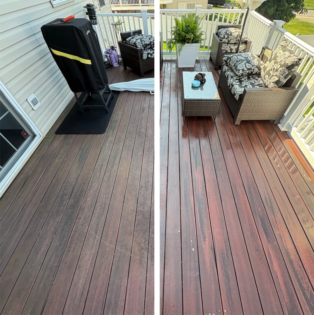 wood deck cleaning around patio furniture, the dark stain color brought back, Maryland