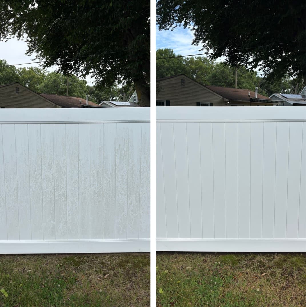 vinyl fence cleaning, green algae staining washed off a white privacy panel, Maryland