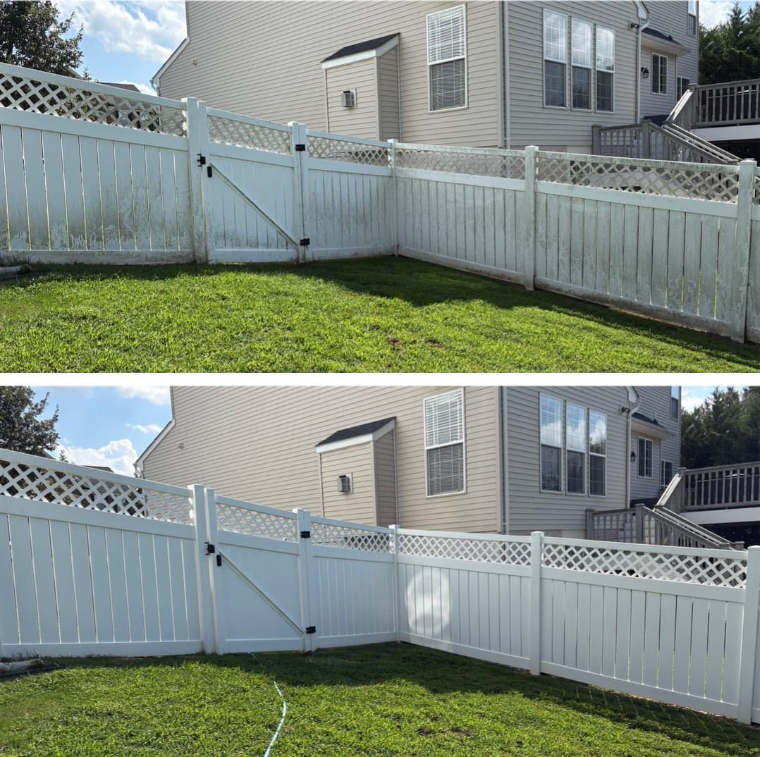 white vinyl fence and gate cleaning around a backyard perimeter, algae streaks washed off, Maryland