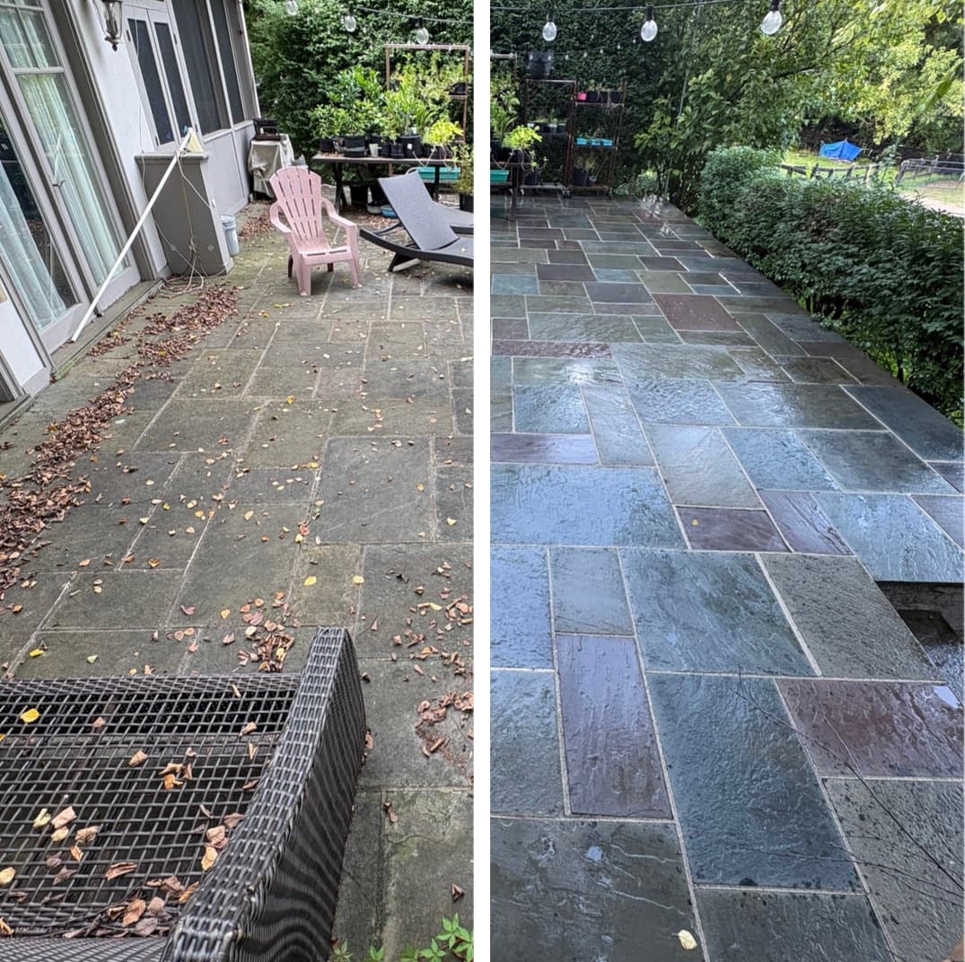 flagstone patio cleaning, leaf staining and algae washed off the slate, Montgomery County MD