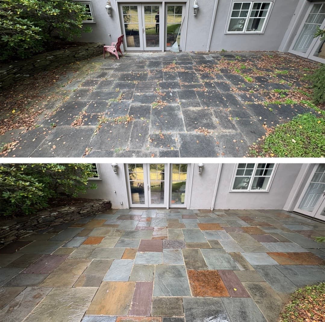 flagstone patio cleaning at a stucco home, leaves and green growth cleared and slate color restored, Maryland