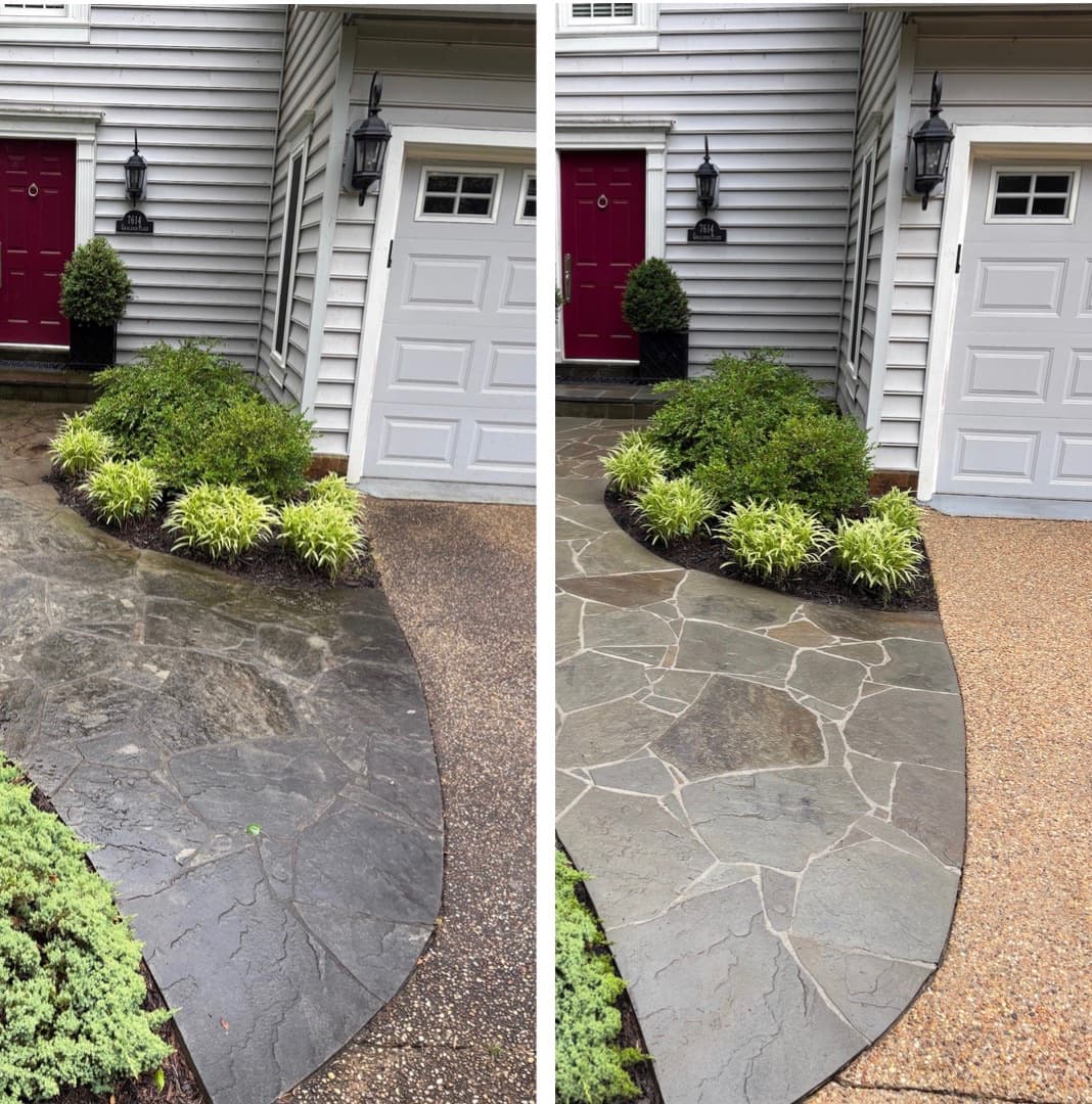 flagstone walkway cleaning at a front entry, grime washed off and the stone color restored, Maryland