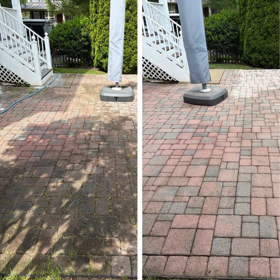 paver patio cleaning beside deck stairs, moss and weeds removed from the joints, Maryland