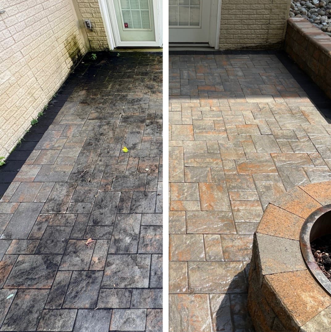 paver patio deep cleaning at a fire pit, heavy black mold removed and the stone color revealed, Maryland