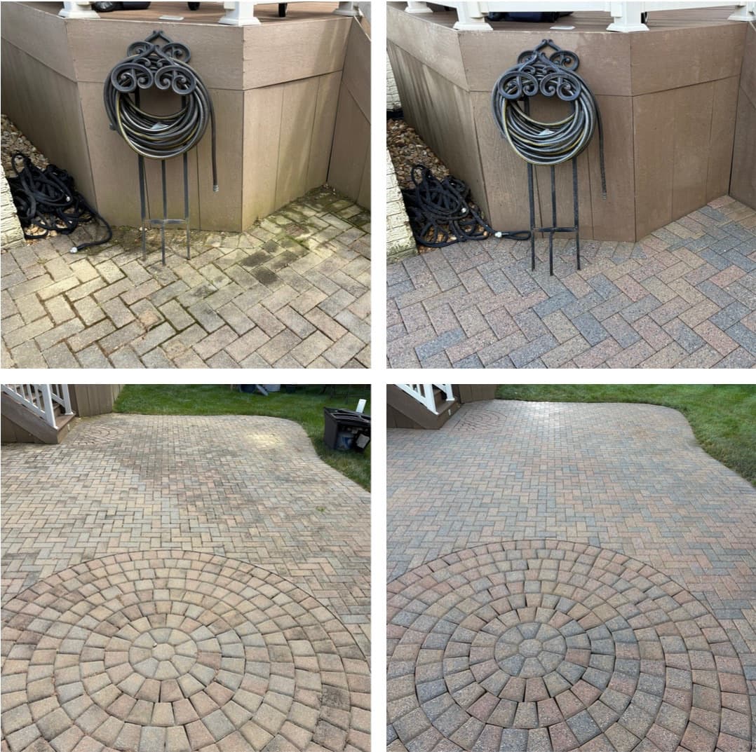 paver patio cleaning including the circle inlay and the herringbone run beside the deck, Maryland