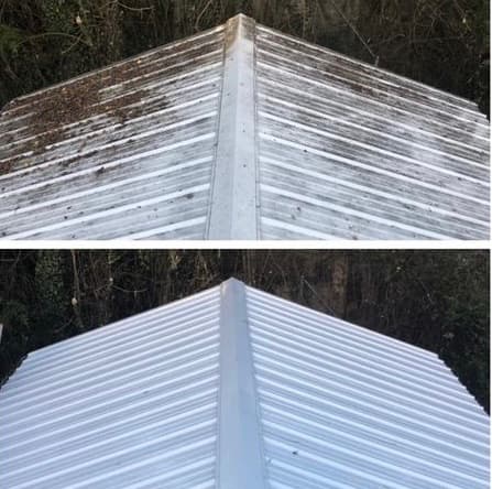 metal roof cleaning, moss and dirt streaks soft washed back to bright white panels, Maryland
