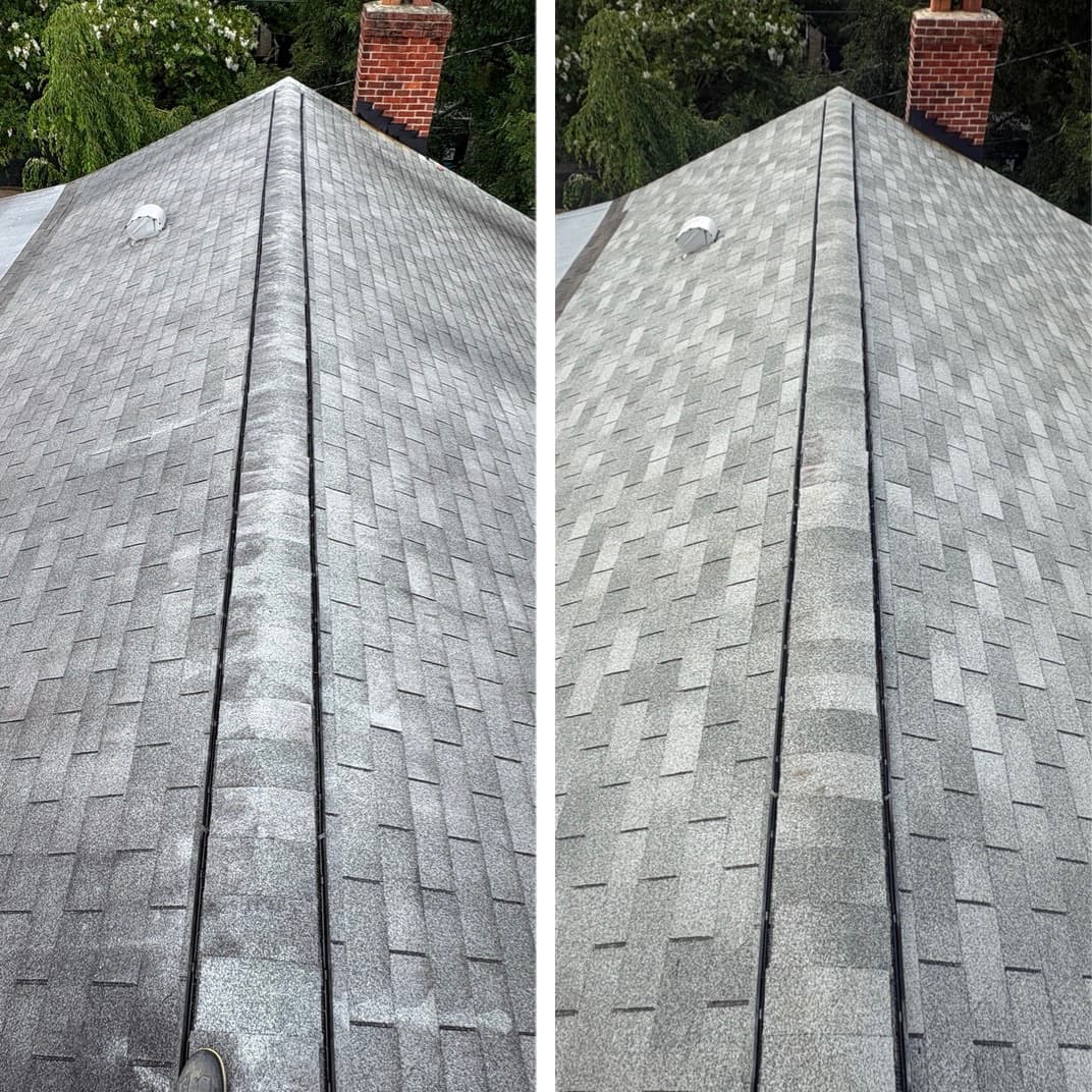 roof algae removal along a shingle ridge beside a brick chimney, Maryland