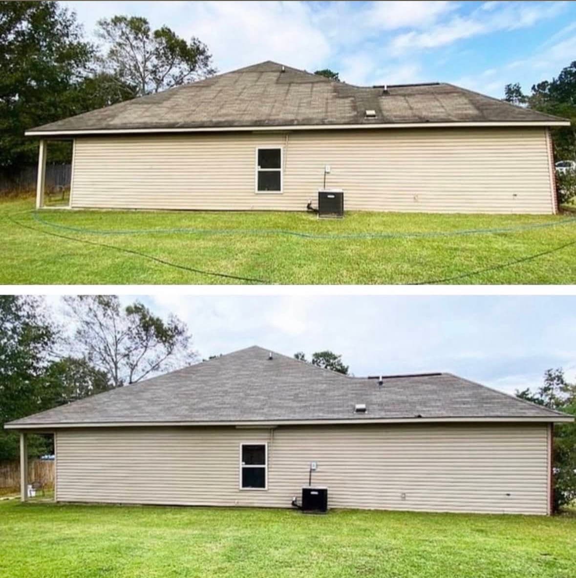 roof cleaning and house washing done in one visit on a ranch rear elevation, Maryland