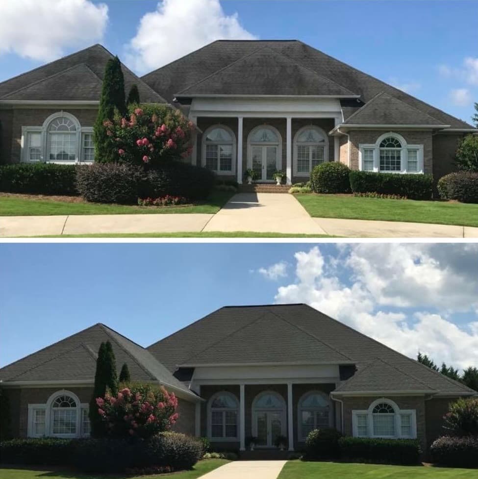 roof soft washing on a brick ranch, heavy black algae streaks removed from the shingles, Maryland