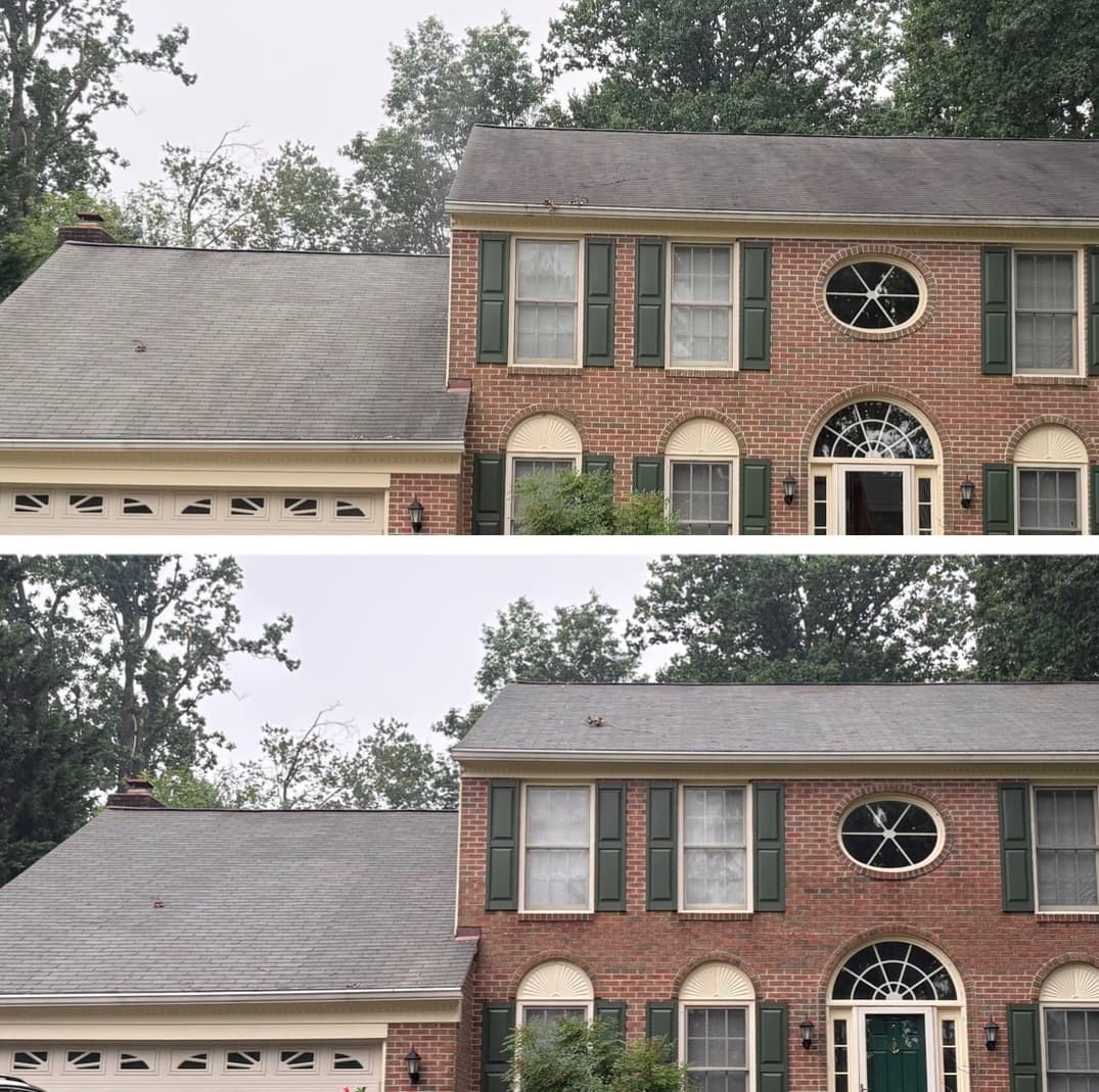 black streak removal from the shingle roof of a brick colonial, no pressure on the shingles, Maryland