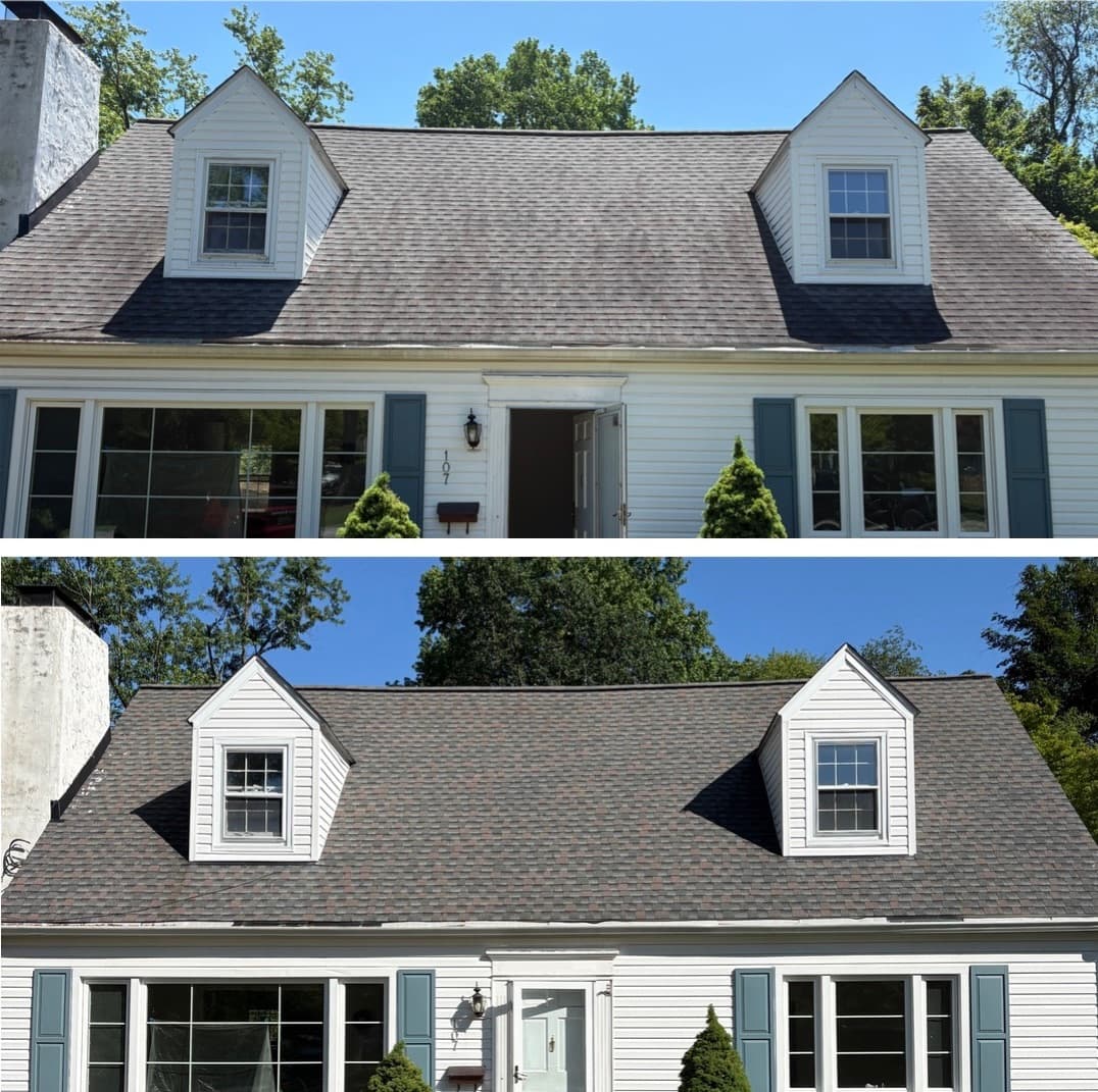 roof cleaning on a cape cod with dormers, the whole roof face cleared of algae staining, Maryland