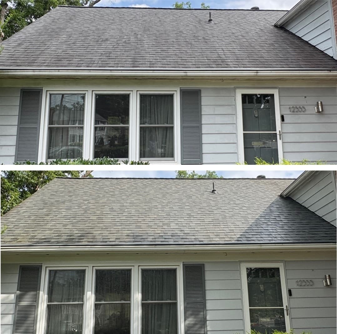 roof cleaning across a full front elevation, black staining lifted off the asphalt shingles, Maryland