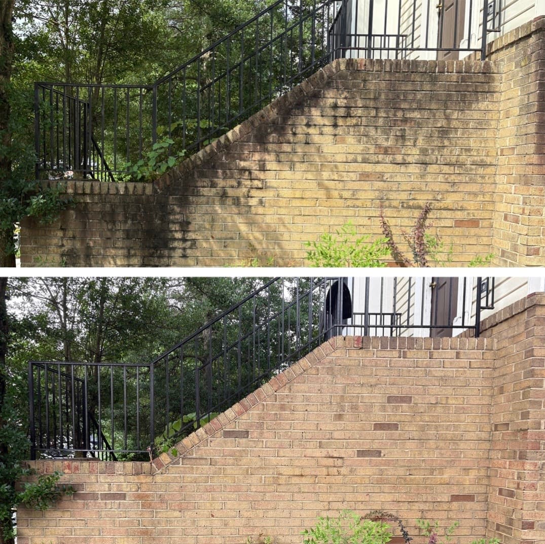 brick wall cleaning along an exterior stairwell, heavy dark mildew staining removed, Maryland