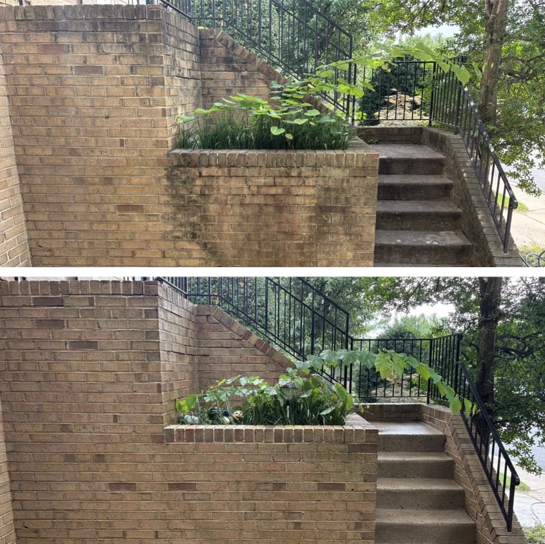 pressure washing a brick retaining wall, planter and concrete steps, green algae stripped off, Maryland