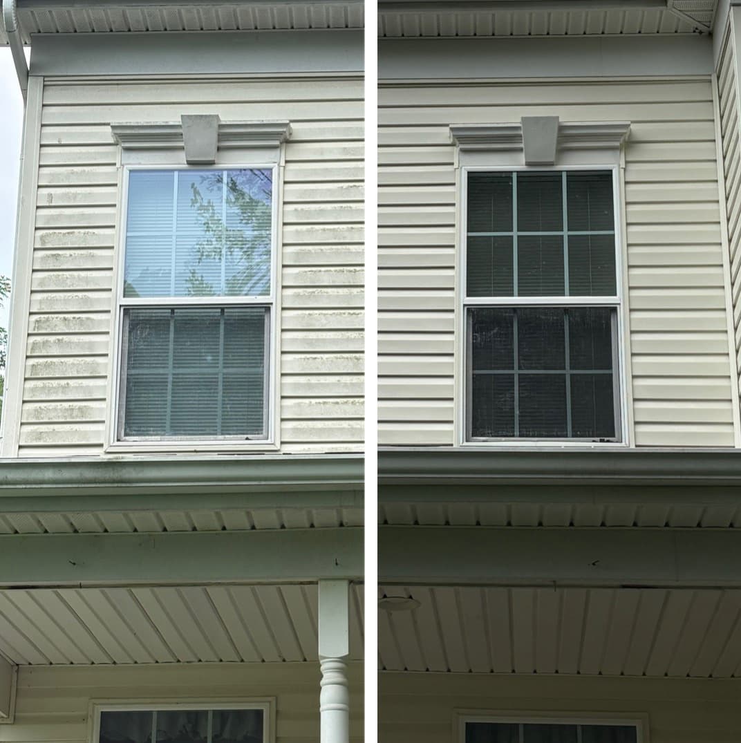 soft washing siding, window trim and porch soffit, green mildew cleaned off the detail work, Maryland