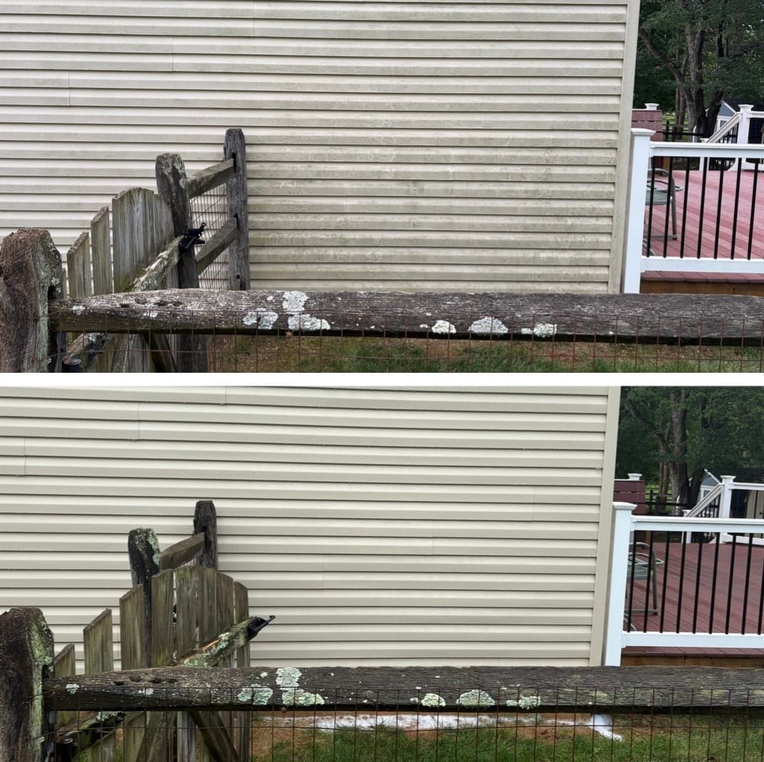 house washing a rear siding wall along the fence line, algae cleaned off the shaded elevation, Maryland