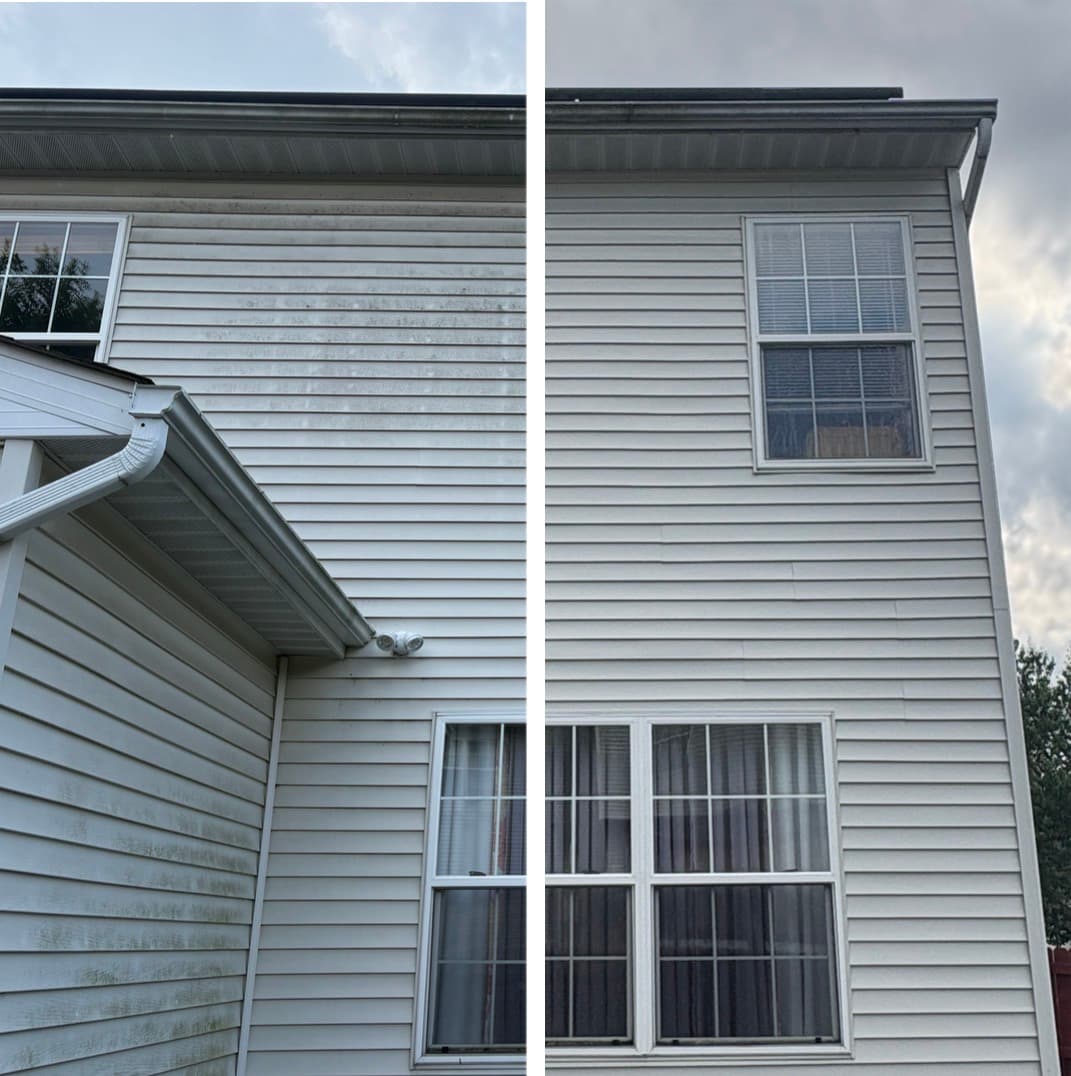 two-story vinyl siding cleaning, green algae streaks and soffit dirt washed off, Maryland
