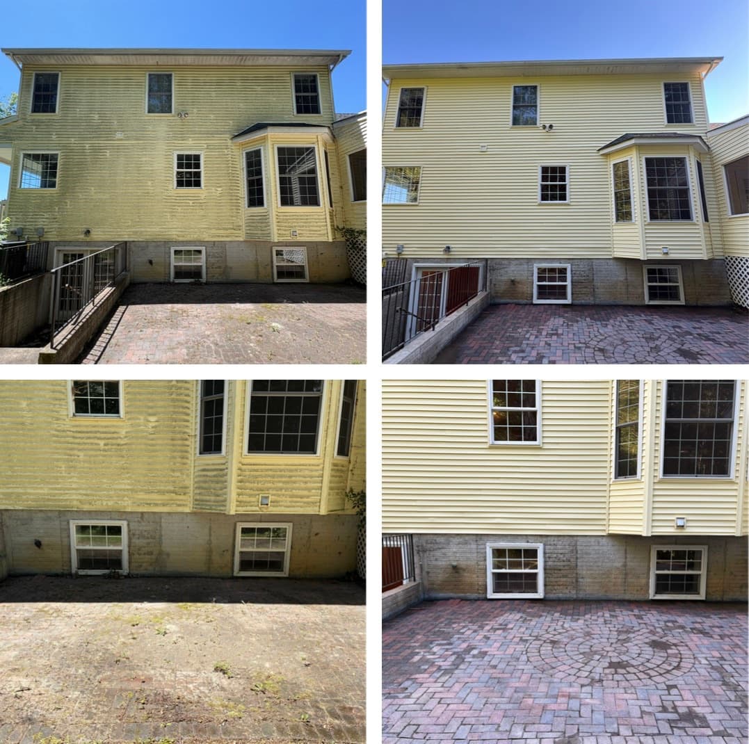 whole-home exterior cleaning, vinyl siding washed and the brick paver patio restored, Maryland