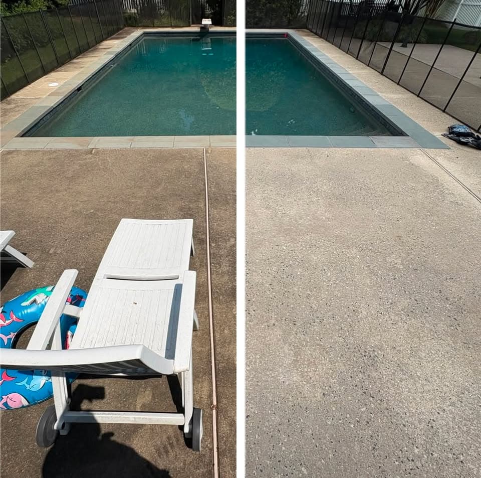 concrete pool deck cleaning beside a fenced rectangular pool, grime washed off the slab, Maryland