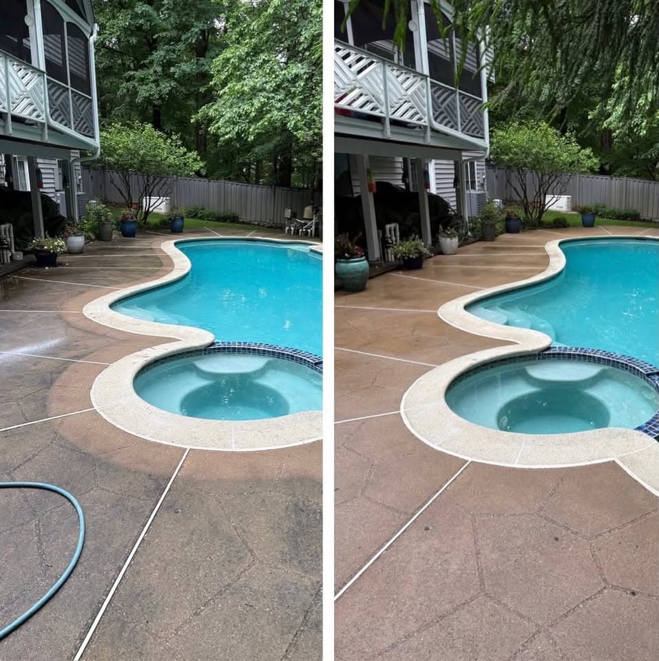 stamped concrete pool deck cleaning around a freeform pool and spa, color brought back, Maryland