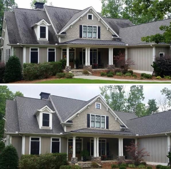 roof cleaning on a craftsman home, dark algae streaks removed from the asphalt shingles, Maryland