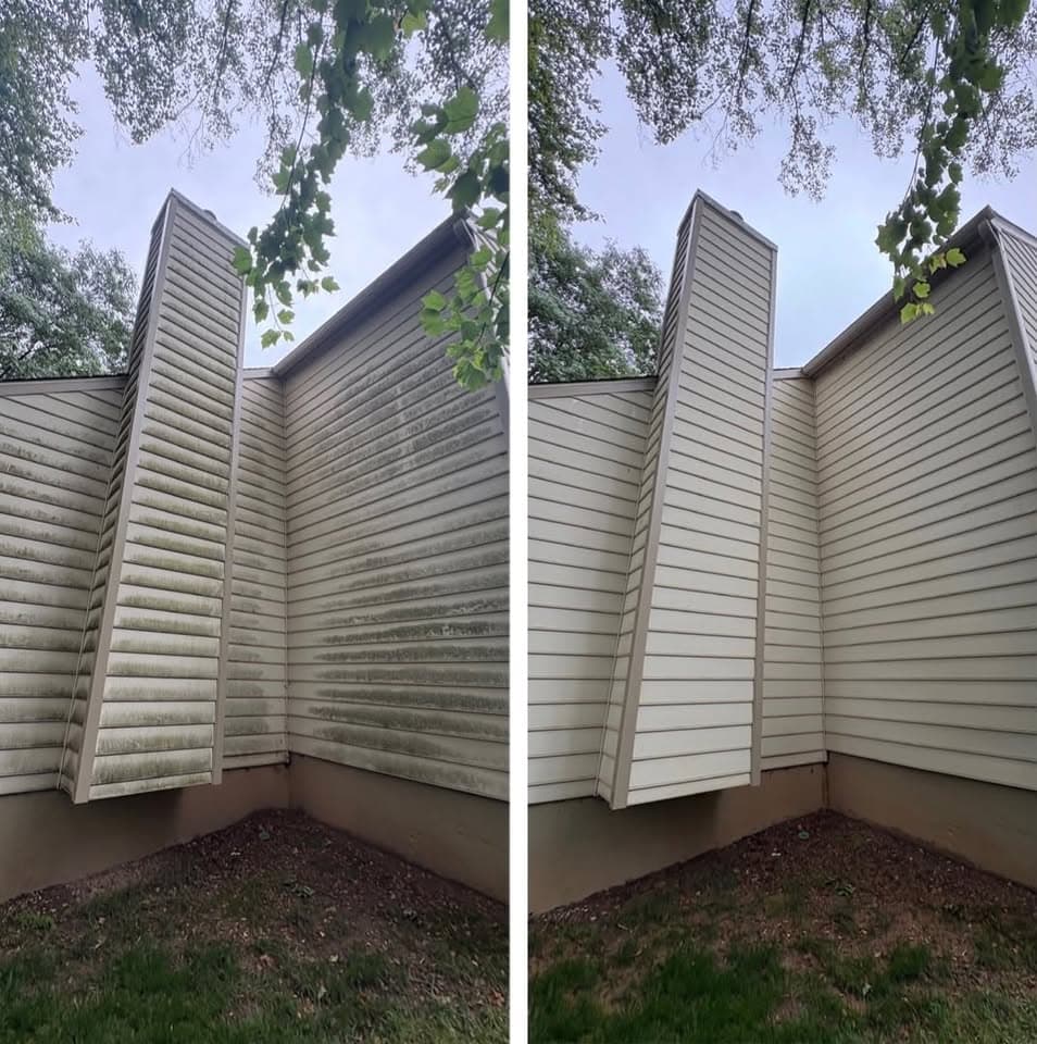 mildew removal from vinyl siding on a shaded corner between two chimney chases, Maryland