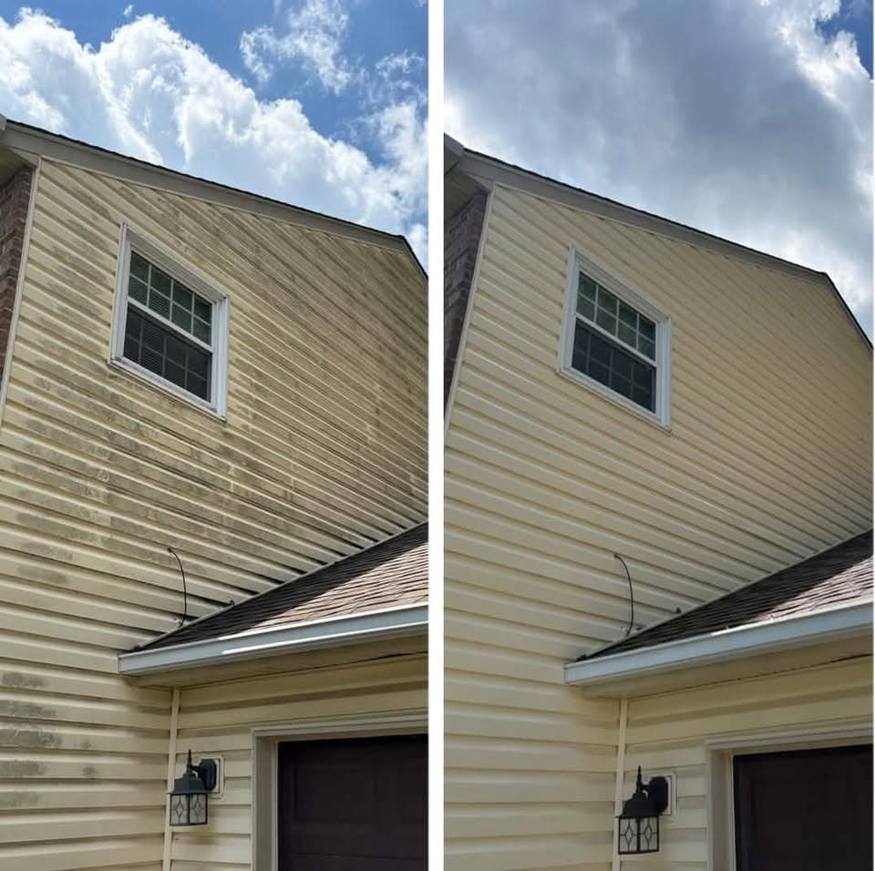 vinyl siding cleaning above a garage door, algae streaks and grime washed off, Montgomery County MD